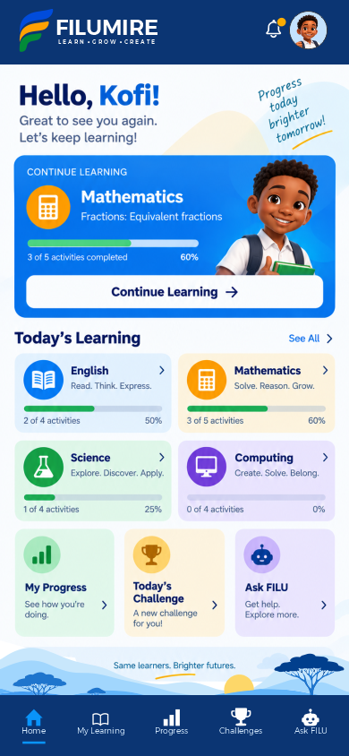 Illustrative FILUMIRE learner dashboard design