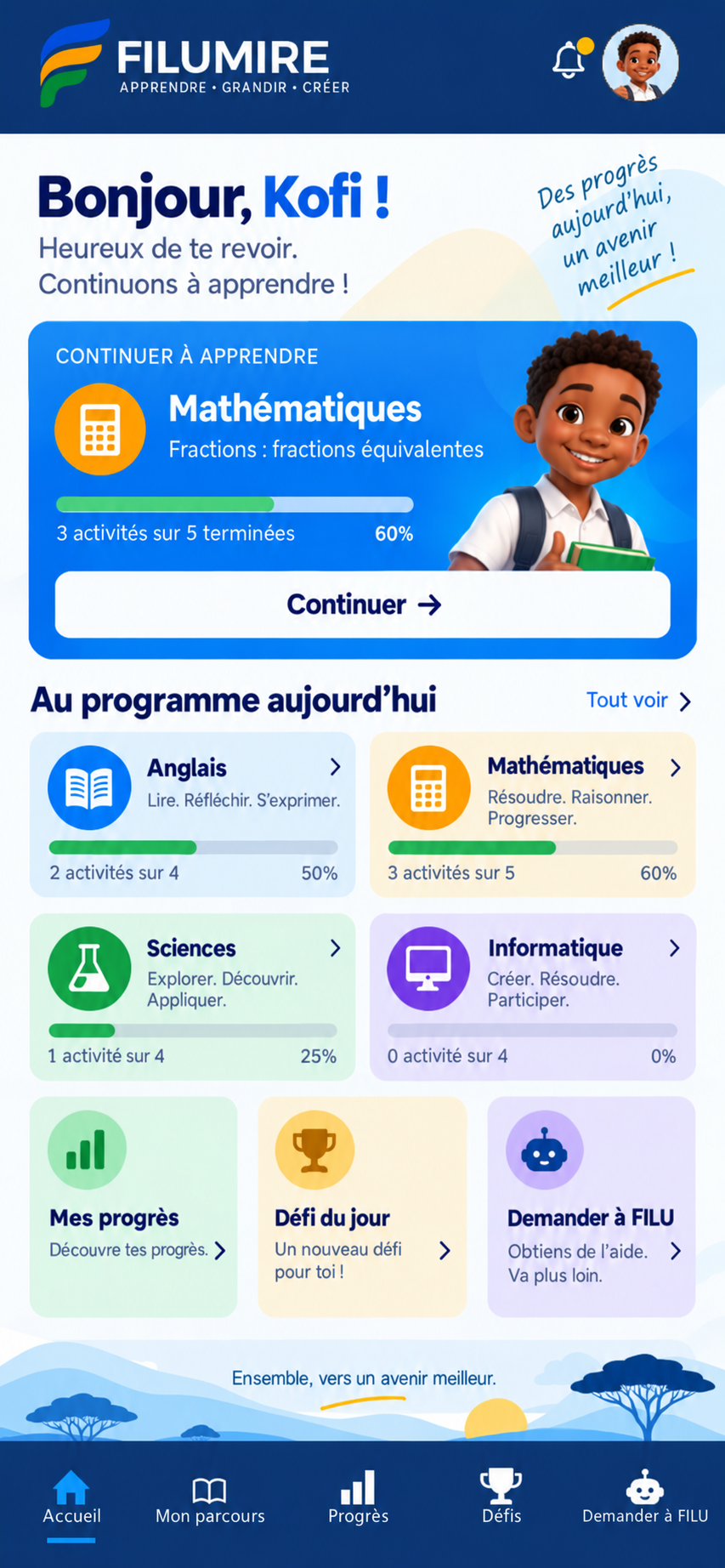 Illustration du tableau de bord envisagé pour les élèves FILUMIRE